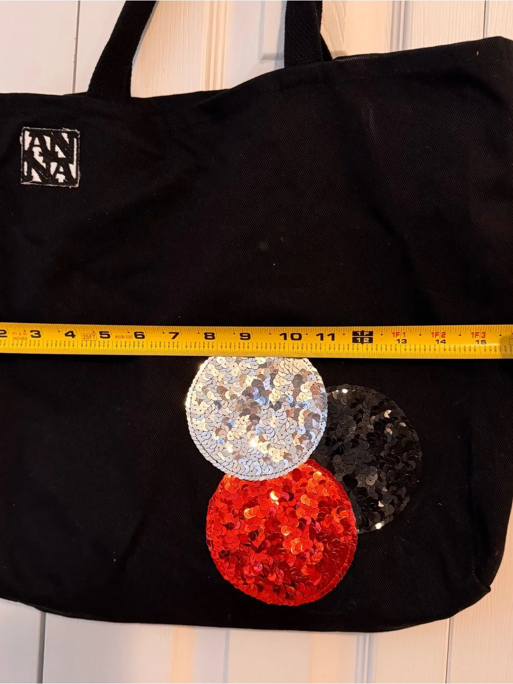 Vintage Anna Sui Black Tote with Silver, Black, and Red Sequin Circles